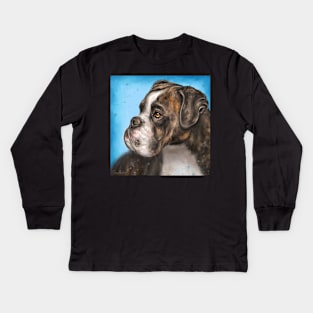 Painting of a Brindled Brown and White Boxer Dog Look to the Side on Blue Background Kids Long Sleeve T-Shirt